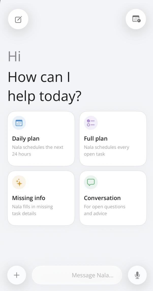 Nala chat start screen after UX cleanup, showing four clear starting actions and a minimal message bar