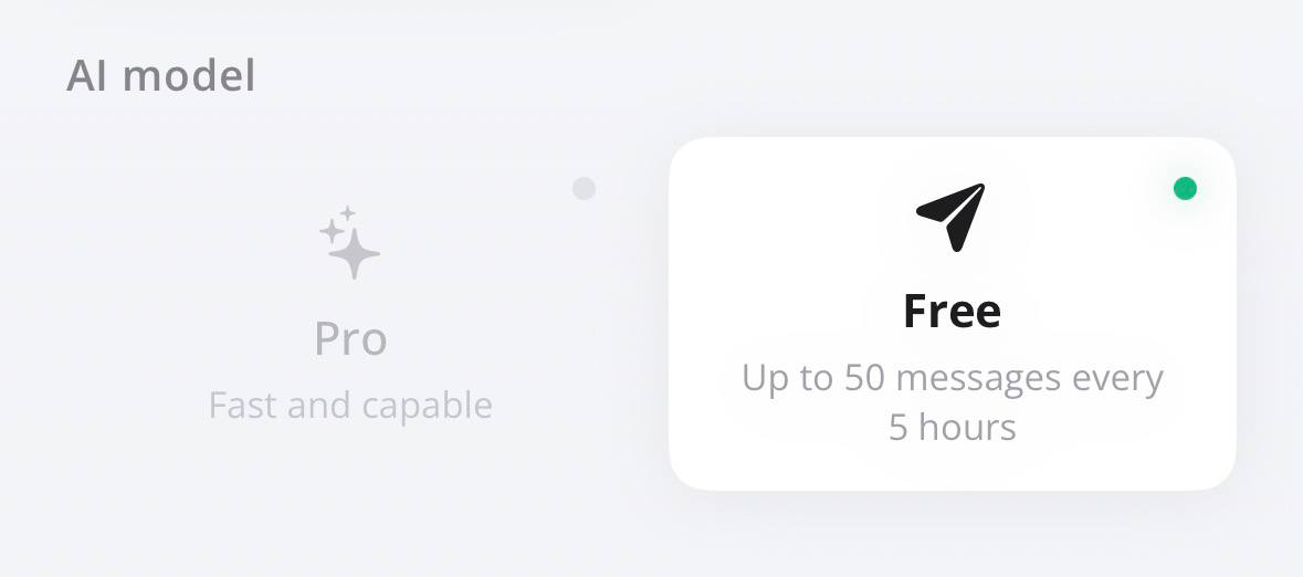 Nala AI model selector showing Pro and Free options