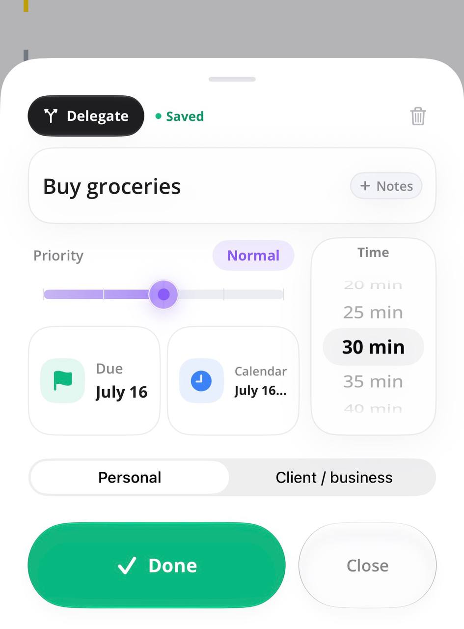 Newer Nala task settings design with Delegate, Saved state, priority slider, cards, time picker, and Done button