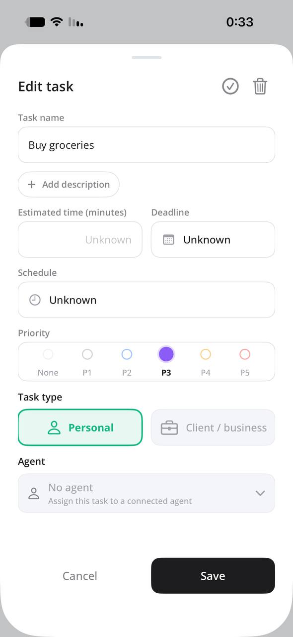 Before screenshot of the older denser Edit task form with many labeled rows, priority dots, task type, agent selector, and save button